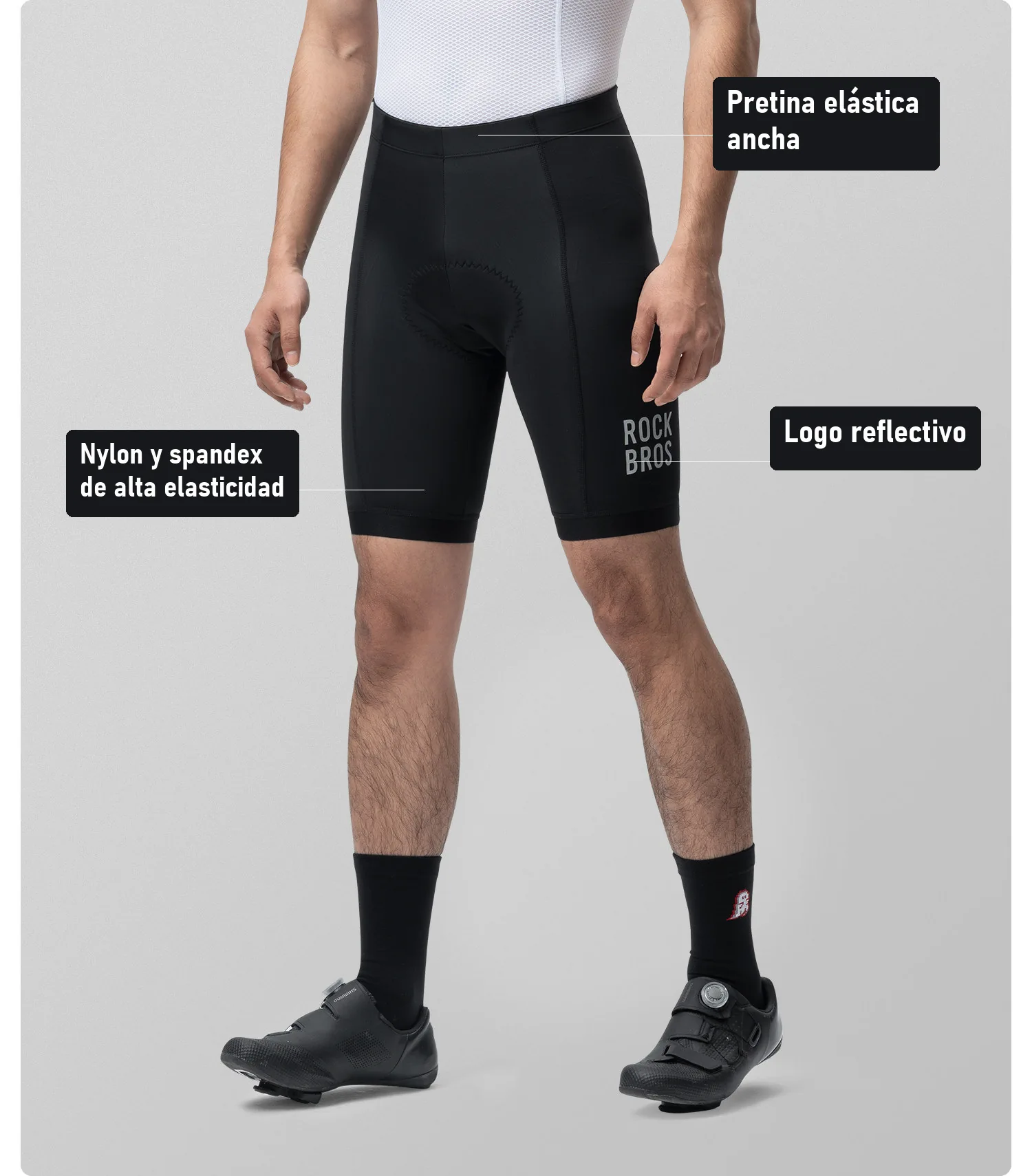 Vista frontal del culotte Rockbros YDDK001 negro con la pretina, la tela y el logo señalados
