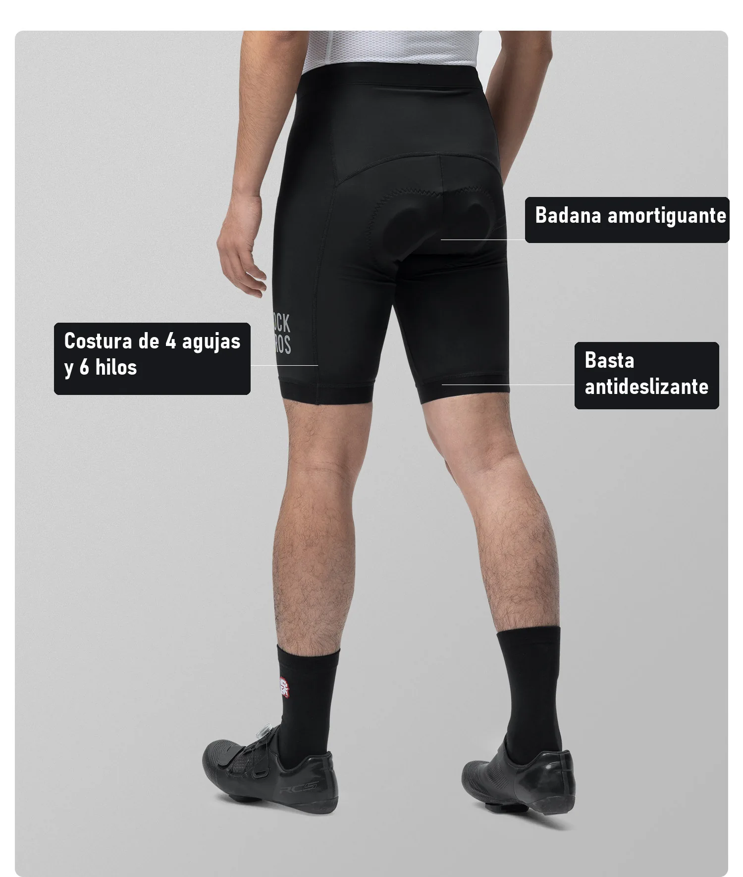 Vista trasera del culotte Rockbros YDDK001 negro con la badana, la costura y la basta señaladas