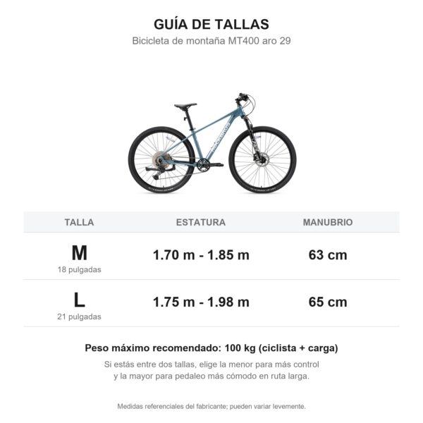 Bicicleta MT400 Aro 29 Azul ROCKBROS - guía de tallas M y L según estatura