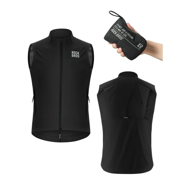 Chaleco Rockbros BL3700 negro de frente y de espalda, con la bolsa en la mano