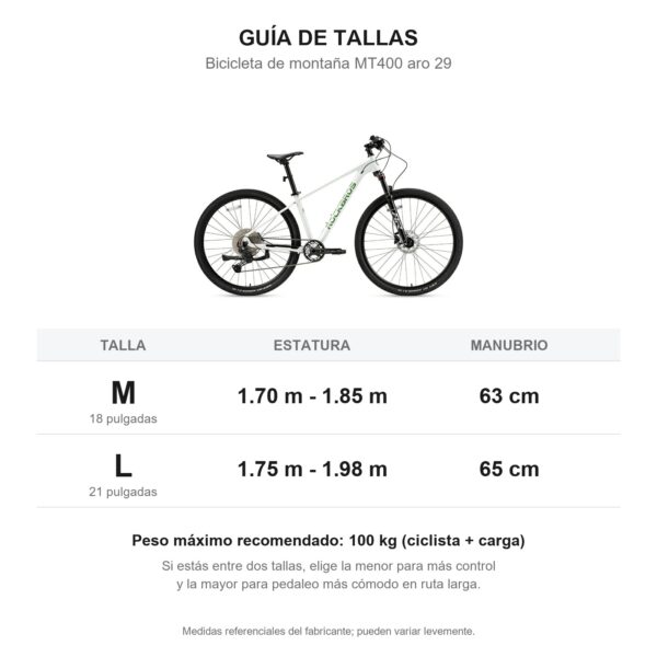 Bicicleta MT400 Aro 29 Blanco ROCKBROS - guía de tallas M y L según estatura