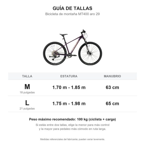 Bicicleta MT400 Aro 29 Púrpura ROCKBROS - guía de tallas M y L según estatura