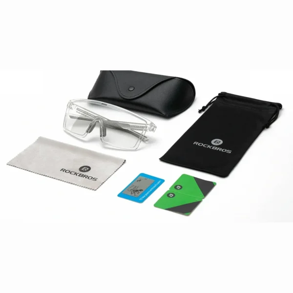 Lentes Rockbros SP2800 con su estuche rígido, bolsa de tela y paño de limpieza