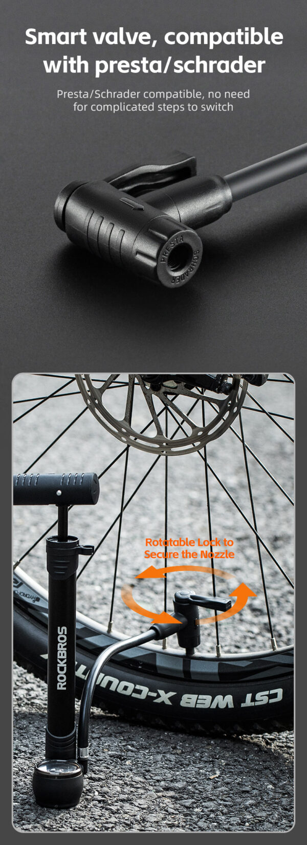 Inflador de Pie para Bicicleta 120 PSI Rockbros JG-6001 ROCKBROS