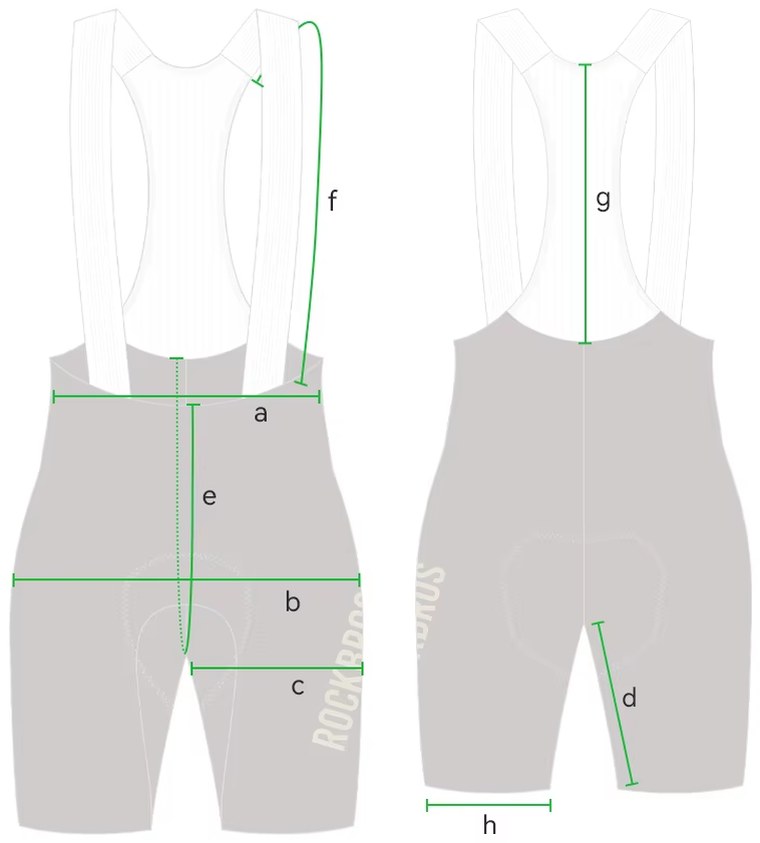 Dibujo de un culotte de ciclismo con tirantes con las ocho medidas señaladas: a cintura, b cadera, c contorno de pierna, d largo interior, e tiro total, f tirante delantero, g tirante trasero y h boca de pierna.