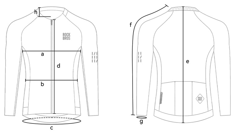 Dibujo de un jersey de ciclismo manga larga de frente y de espaldas con ocho medidas senaladas de la a a la h.
