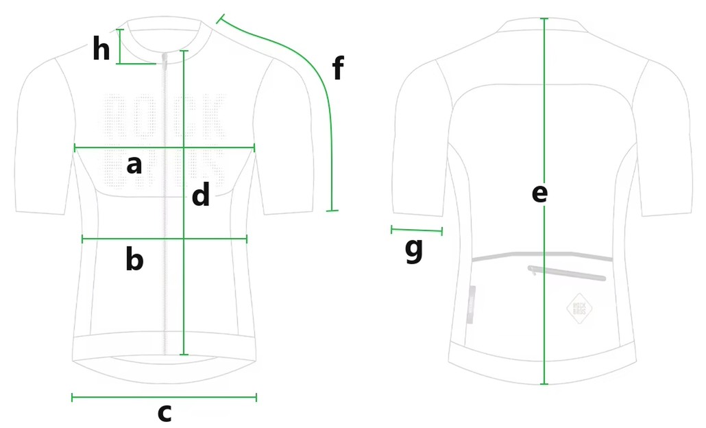Dibujo de un jersey de ciclismo de manga corta, de frente y de espalda, con ocho medidas señaladas: a pecho, b cintura, c contorno de la basta, d largo delantero, e largo de espalda, f largo de manga, g contorno del puño y h alto del cuello.