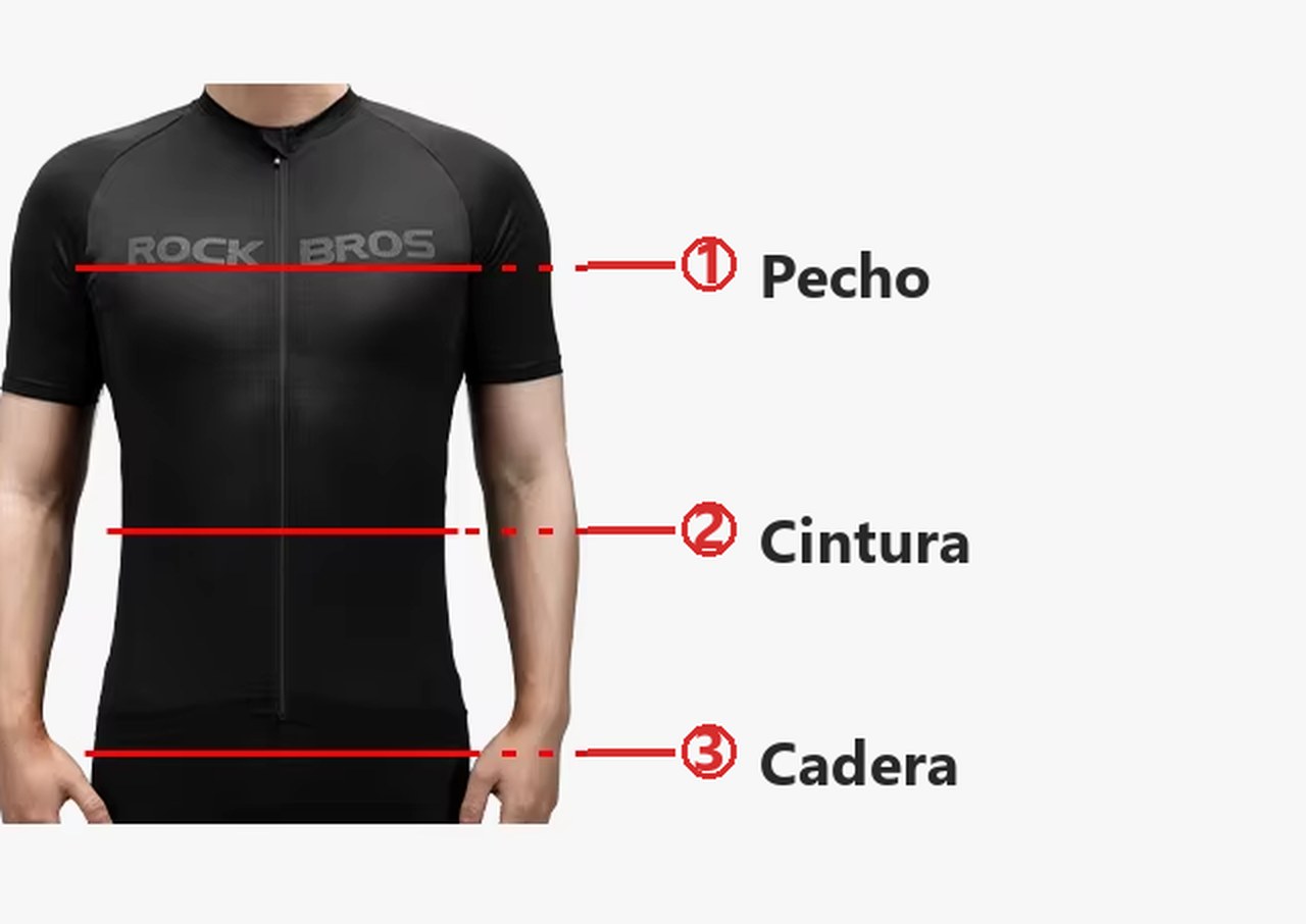 Ciclista con maillot y tres líneas de medida señaladas: 1 pecho, 2 cintura y 3 cadera.