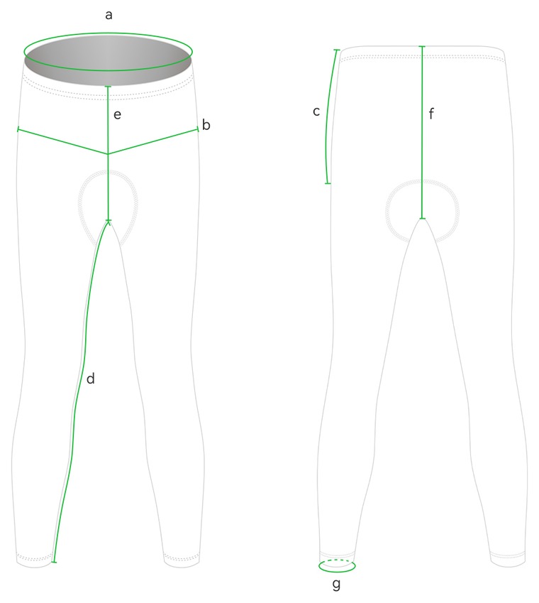 Dibujo de un pantalon largo de ciclismo de frente y de espaldas con siete medidas senaladas de la a a la g.