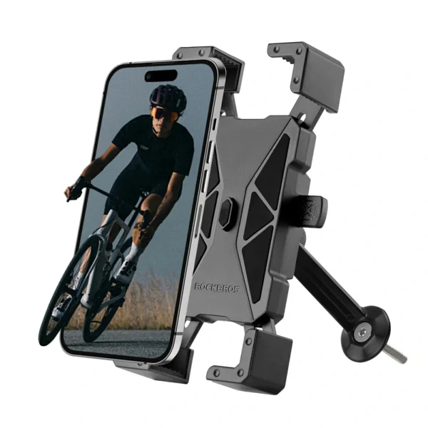 Soporte de celular Rockbros BK1100 con el celular sujeto por las 4 esquinas