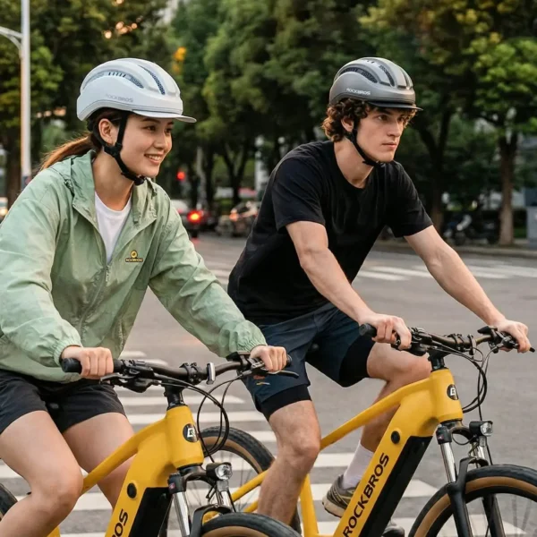 Ciclistas en la ciudad con el casco Rockbros TS12000 blanco y titanio