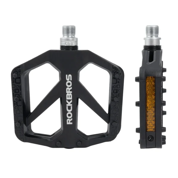 Pedal Rockbros BP2000 negro de frente y de lado con reflector