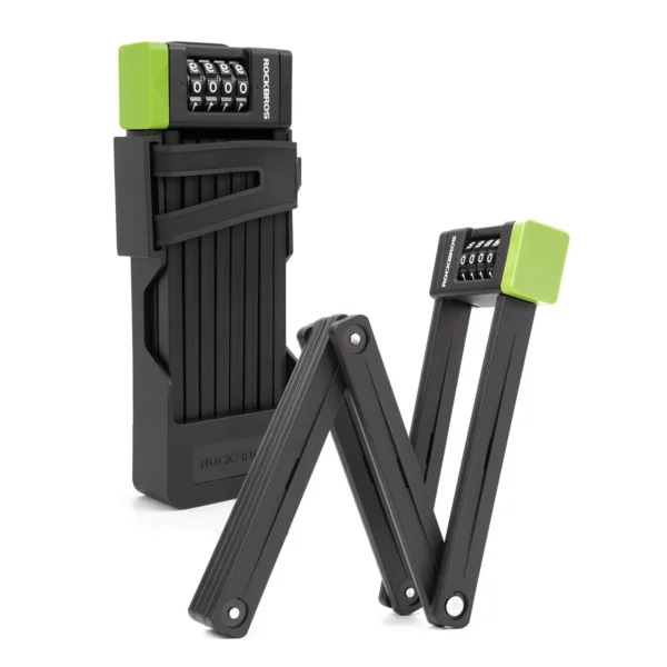 Candado plegable Rockbros RKU-6000 abierto junto a su soporte