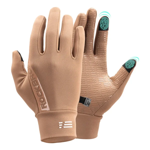 Guantes Rockbros S6600 beige vistos de lado, puño alargado y dedos táctiles