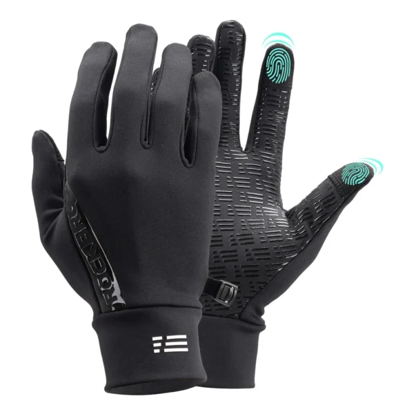 Guantes Rockbros S6600 negros vistos de lado, puño alargado y dedos táctiles
