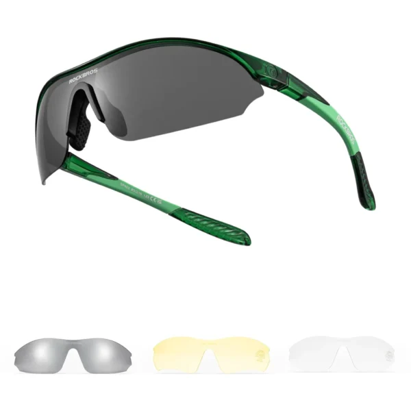 Lentes Rockbros SP3000 verde con sus 3 lunas: polarizada, amarilla y transparente