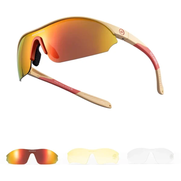 Lentes Rockbros SP3000 beige con sus 3 lunas: polarizada roja, amarilla y transparente