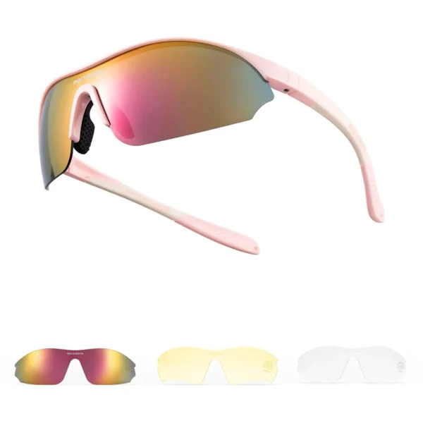 Lentes Rockbros SP3000 rosado con sus 3 lunas: polarizada, amarilla y transparente