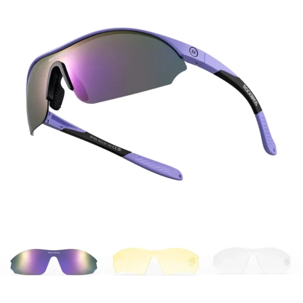 Lentes Rockbros SP3000 morado con sus 3 lunas: polarizada morada, amarilla y transparente