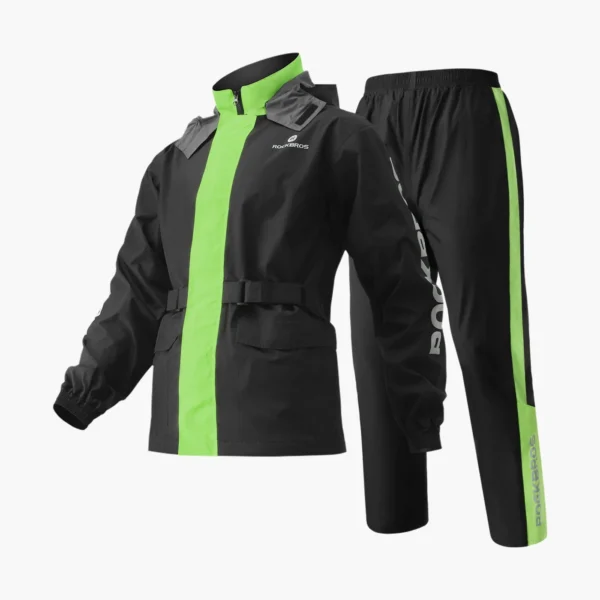 Traje de lluvia Rockbros YPW2040 negro con franjas verde flúor, casaca y pantalón