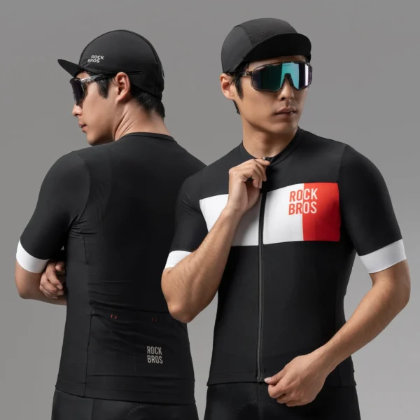 Ciclistas con el jersey Rockbros ZHW3100 negro, de frente y de espalda